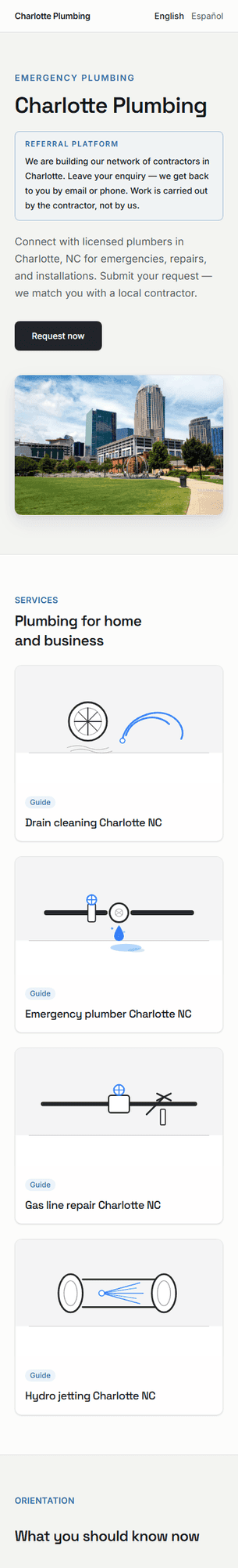 Mobile screenshot of charlotte-plumbing.com: the heading Charlotte Plumbing, a Referral Platform badge, and copy that we match you with a local contractor.