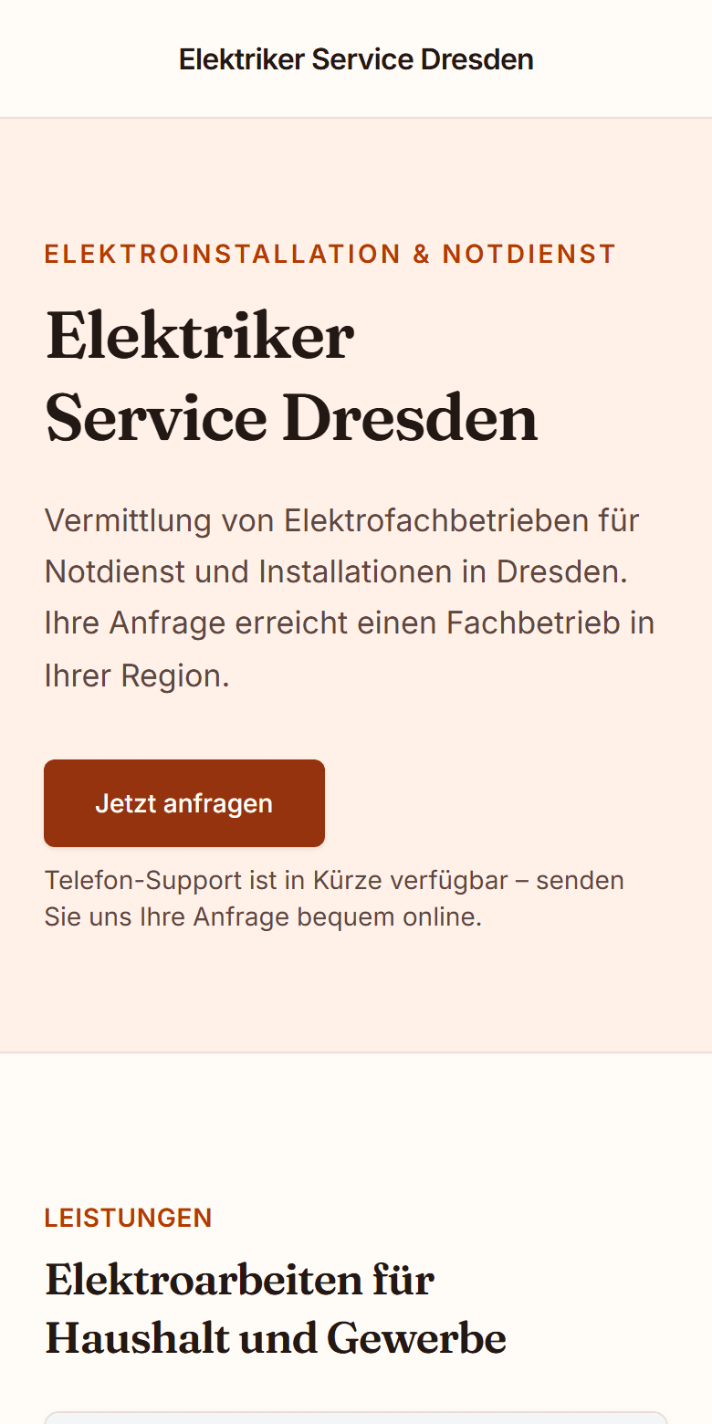 Example of a finished partner website on mobile — electrical trade business
